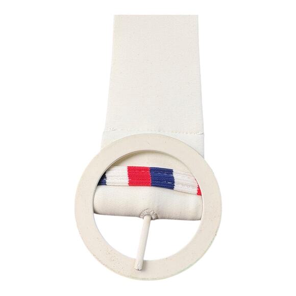 Vintage 60s/70s Style White Fabric Belt Round Buckle Red White Blue Retro Small‎ - Picture 2 of 9